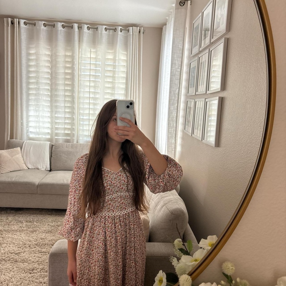 Mikarose Pink, Purple and Orange Floral V-Neck Dress